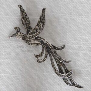 Vintage Marcasite & 925 Sterling Silver Bird of Paradise Phoenix Art Deco Brooch